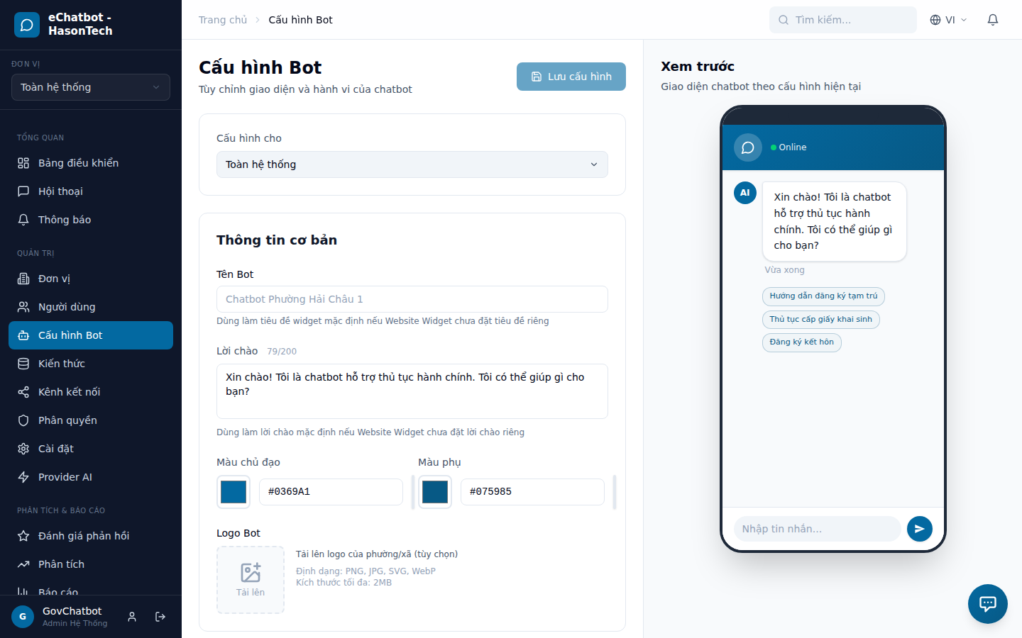 Cấu hình Bot - tùy chỉnh giao diện chatbot